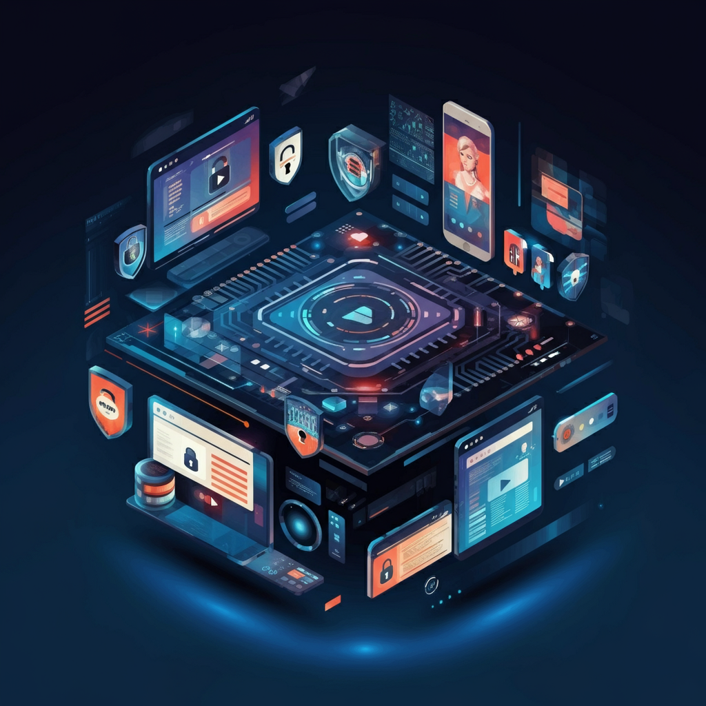Futuristic illustration of digital security with a glowing processor, devices, and security icons like shields and padlocks.