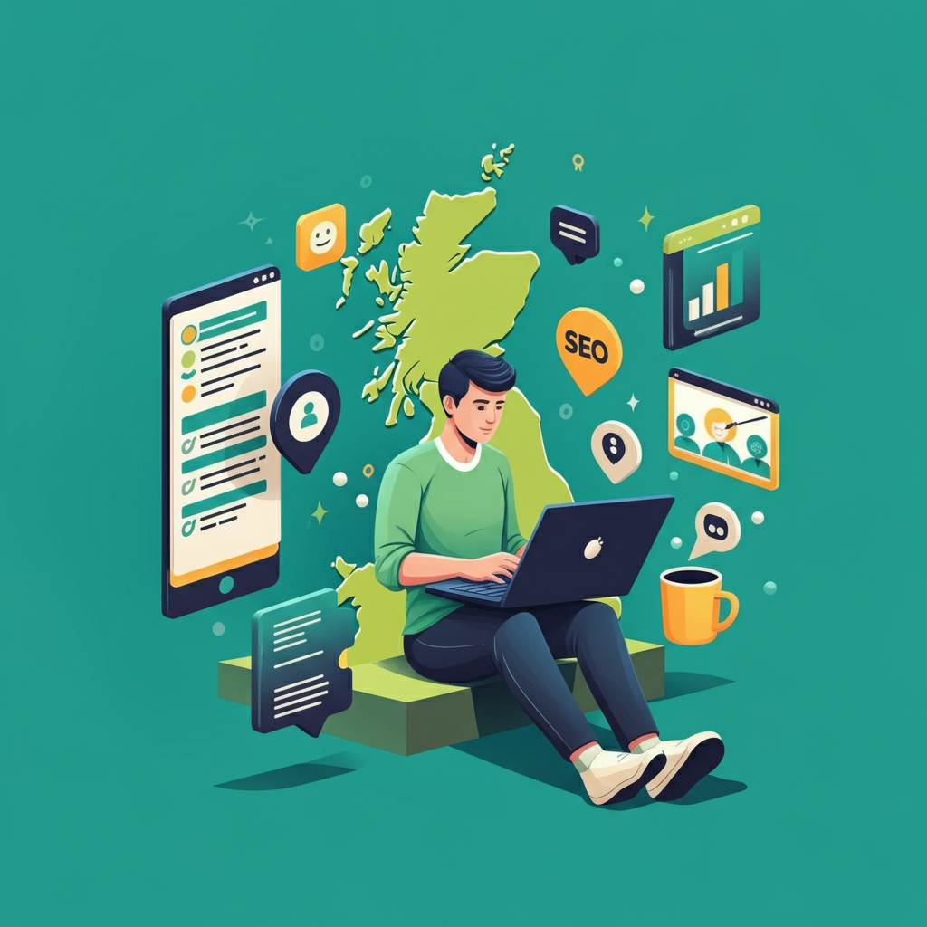Person on a laptop with digital marketing icons and UK map, representing digital marketing in the UK.