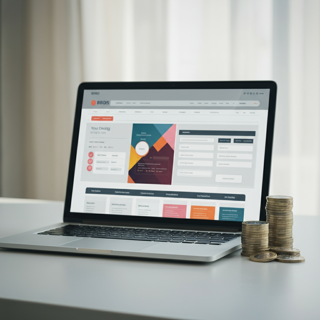 Laptop with web design theme and pound coins, symbolizing web designer income